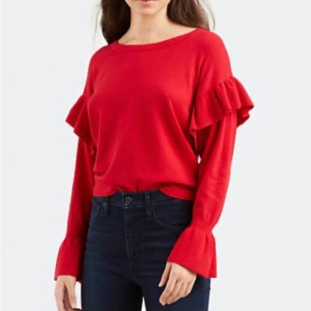 Zara Knit Orange Boat Neck Ruffle Bell Sleeve Sweater. EUC